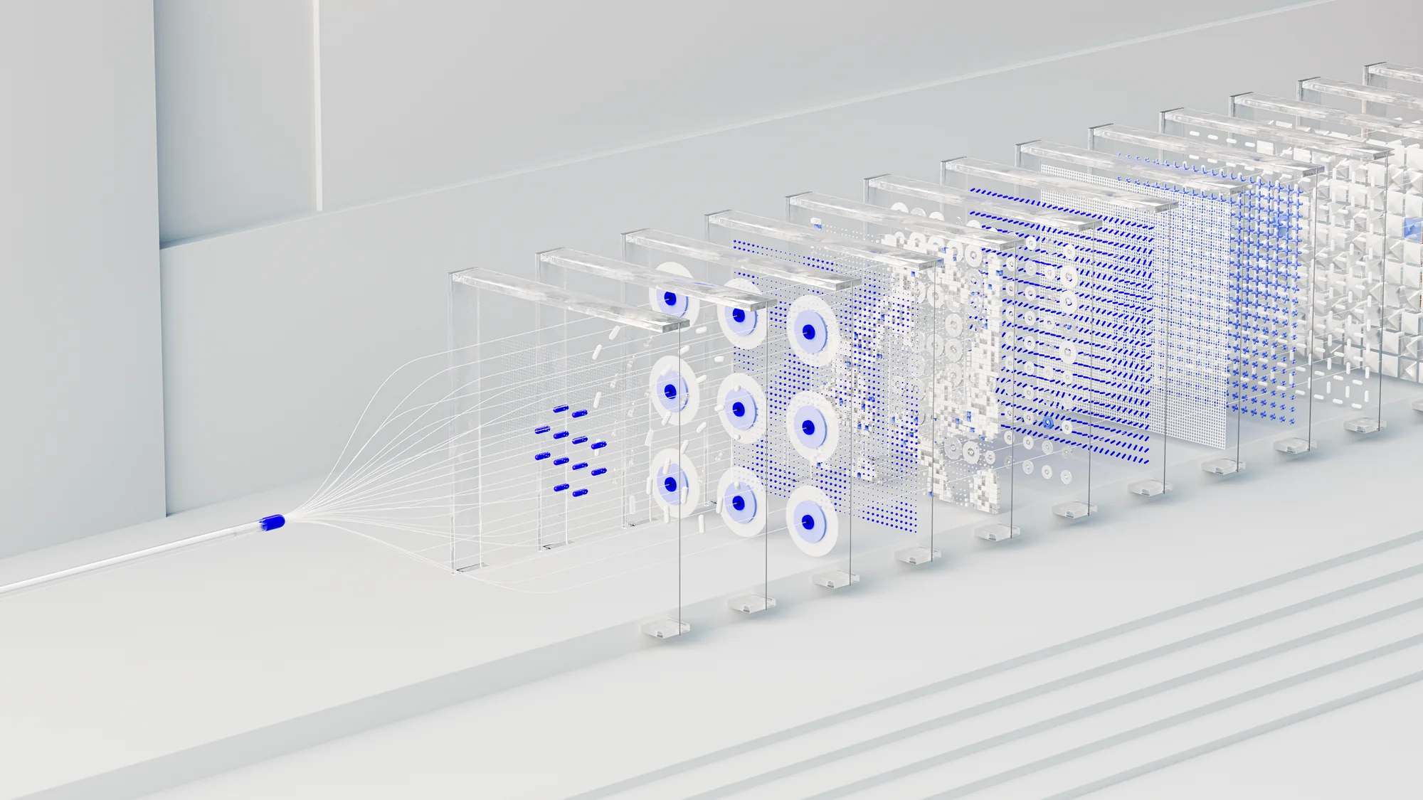 An artist's illustration of an AI model: a signal passing through a sequence of glass layers