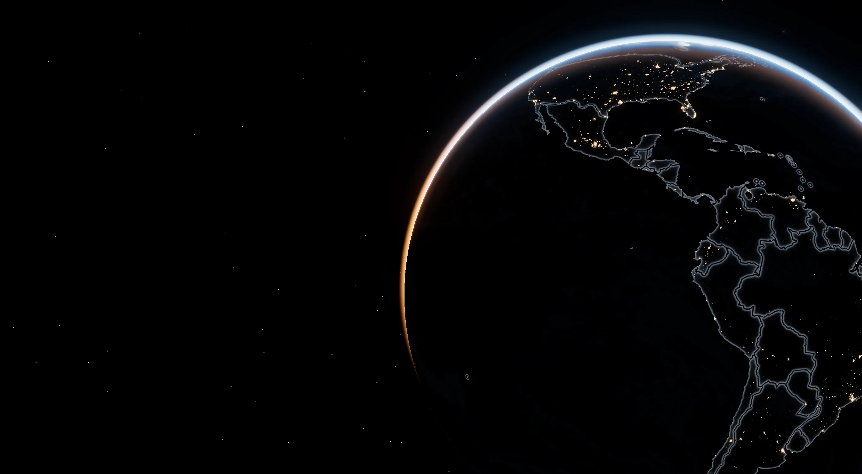 The Earth at night seen from orbit, the sun rising along the horizon, city lights across the United States, the Caribbean and South America and every national border faintly lit